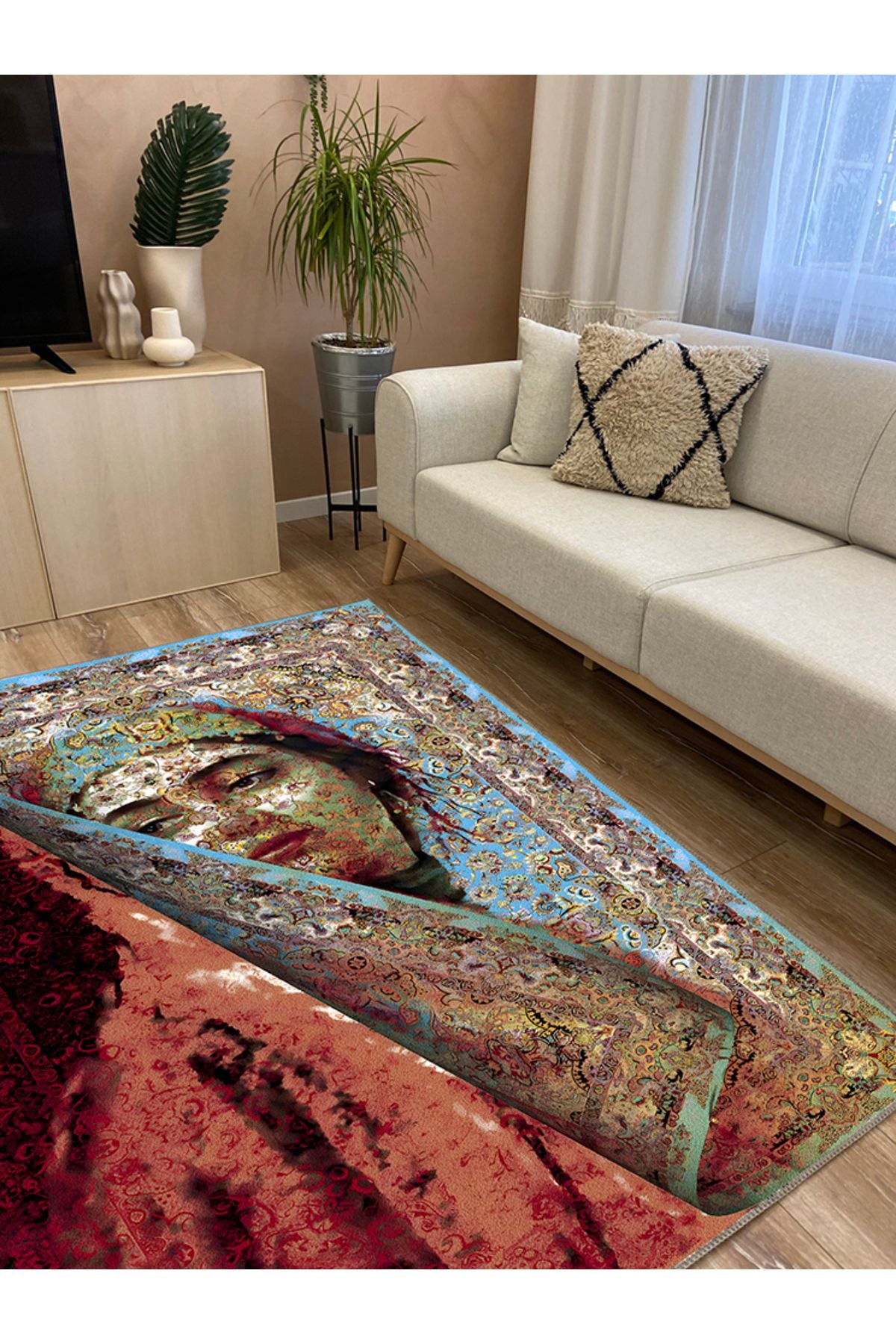 Halı Vagonu 150 Mavi Ve Bordo Tonlarda Kadın Silüeti Etnik Desenli Vintage Dokuma Taban Halı