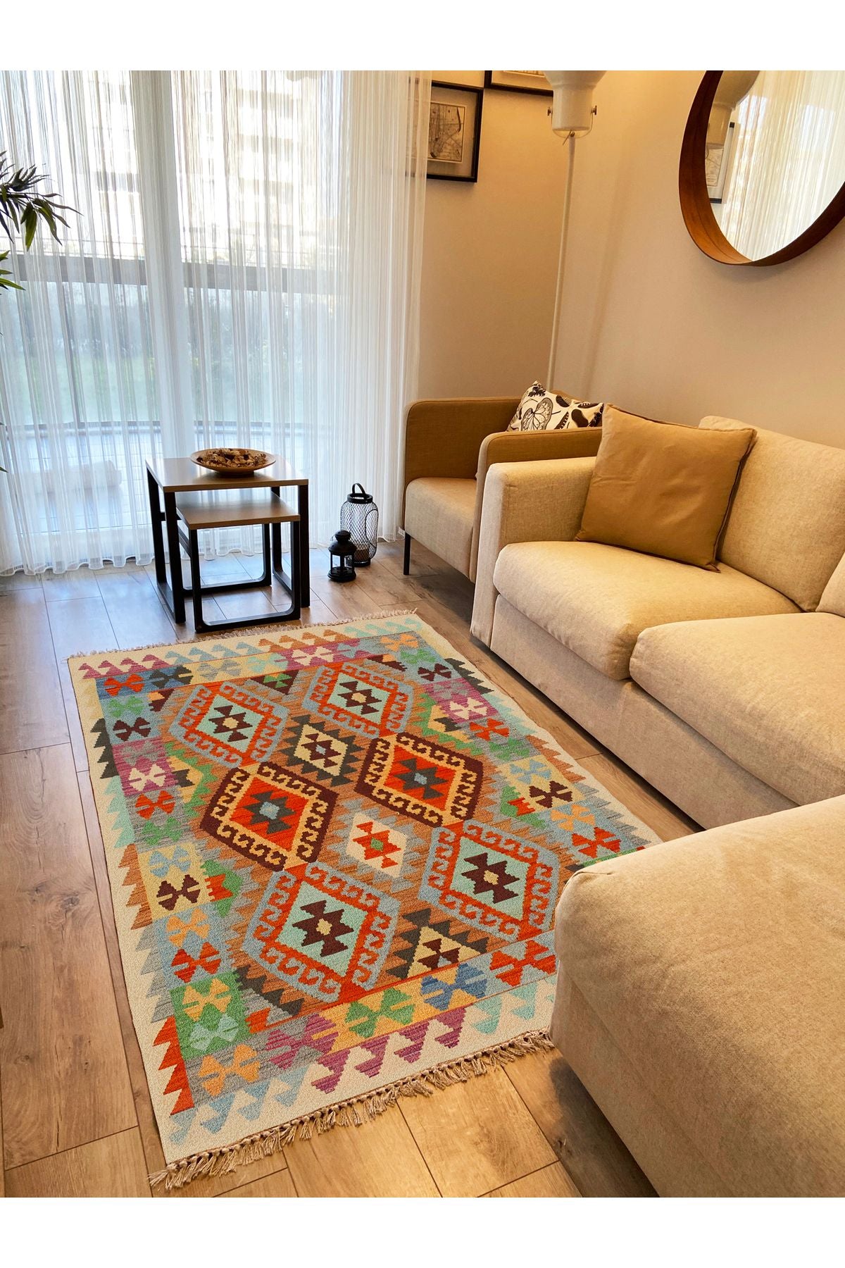 Cotton Kilim 84 Çok Renkli Etnik Boho Stil Pamuk Taban