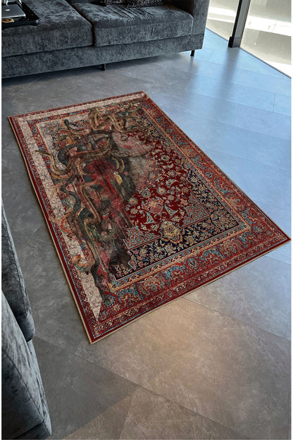 HV 123 Etnik Anadolu Halı Üzerine Kadın Suratı Dekoratif Salon Halısı Saçaklı Yıkanabilen Halı