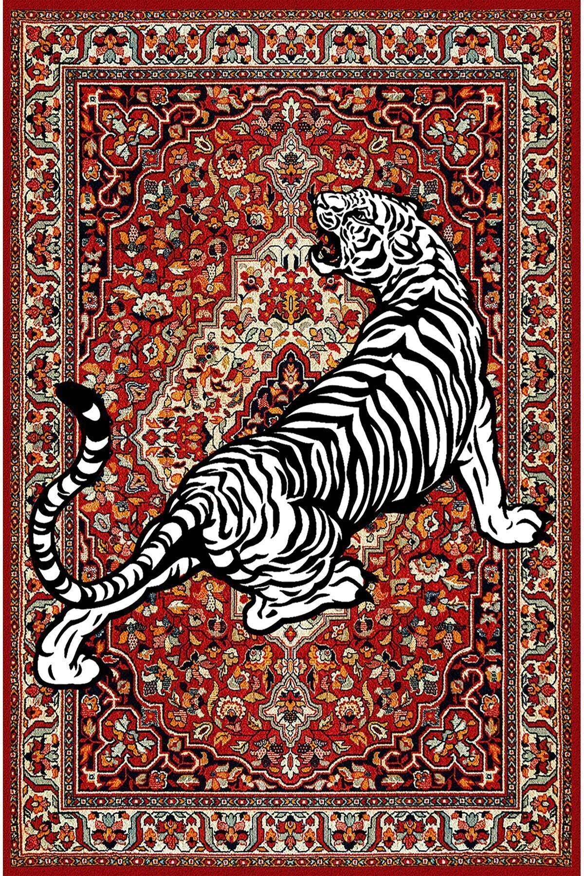 Halı Vagonu Serisi Kırmızı Tonlarında Kaplanlı Etnik Desen Kaymaz Taban Şönil Halı