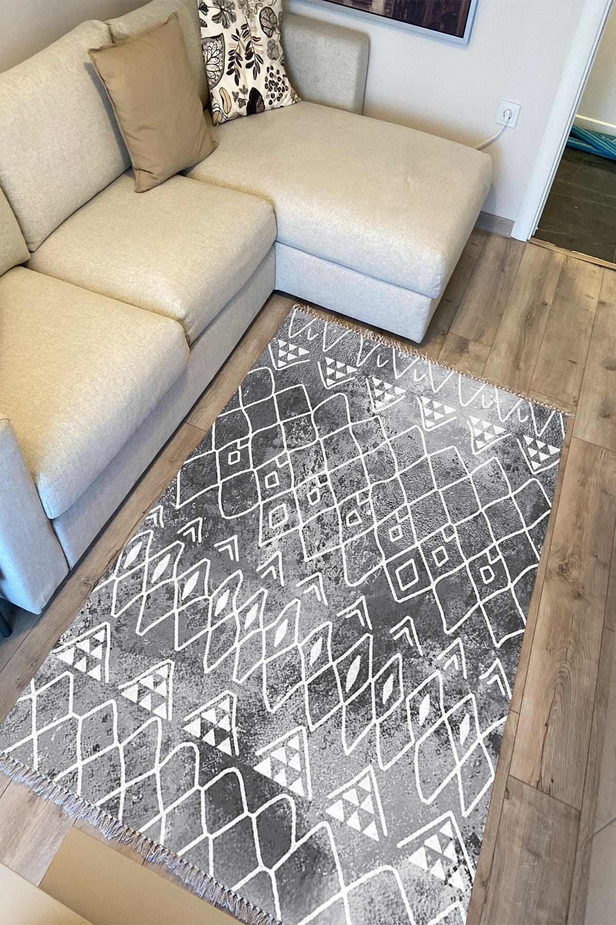 Cotton Serisi Gri Tonlarında Iskandinav Desen Dekoratif Dokuma Taban Kilim