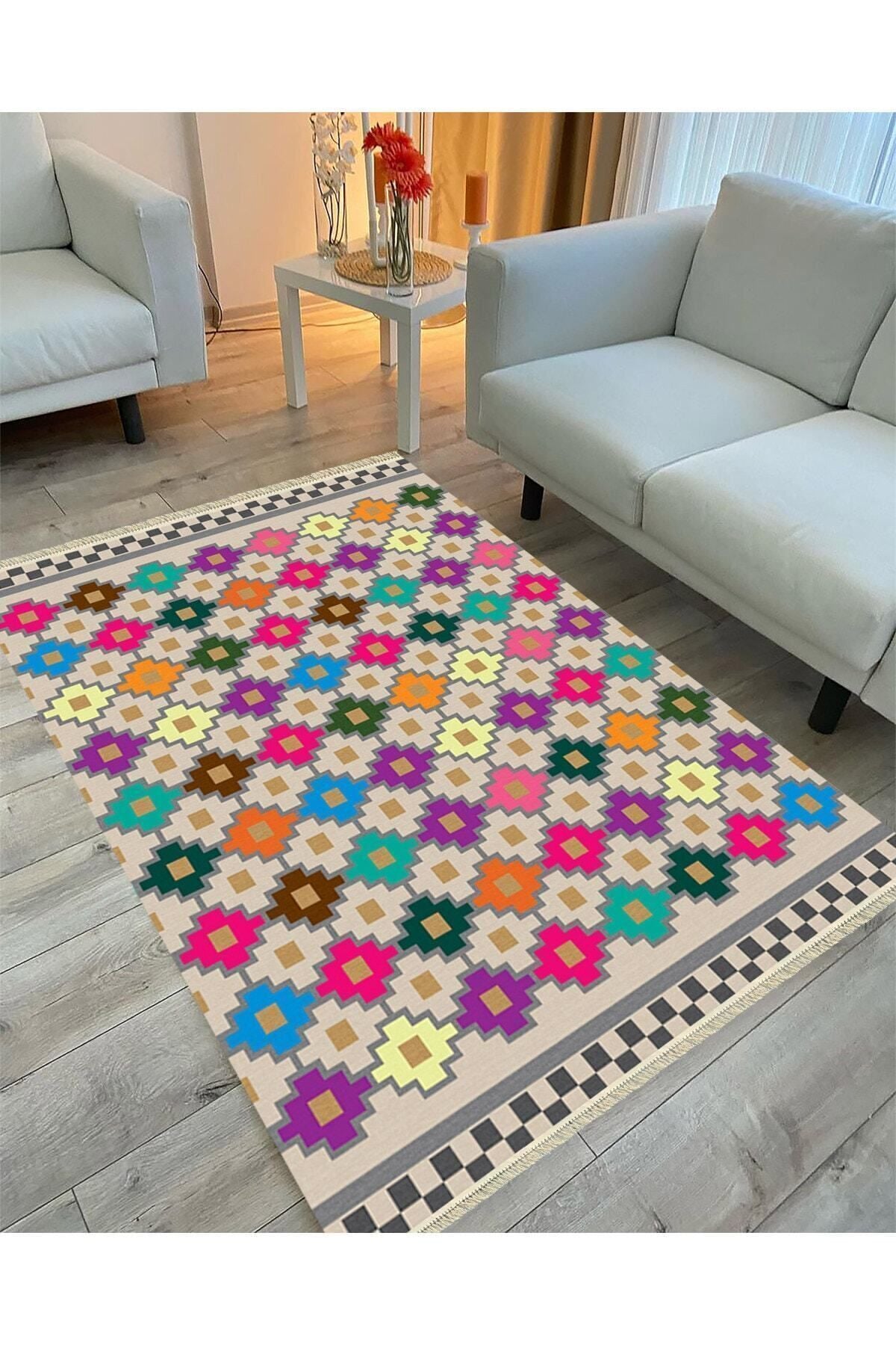 Cotton Serisi Multy Tonlarında Geometrik Baklava Desen Dekoratif Dokuma Taban Kilim