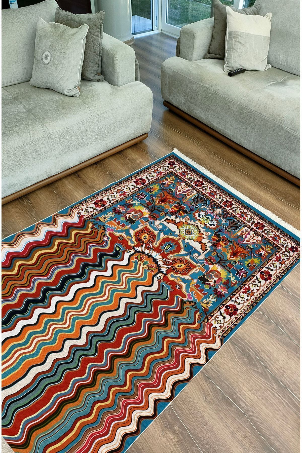 Halı Vagonu132 Klasik Çizgili Desen Modern Halı Dekoratif Salon Halısı Saçaklı Yıkanabilen Halı