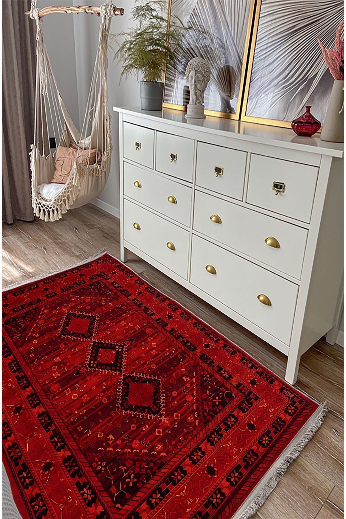 Halı Vagonu 90 Kırmızı Tonlarında Klasık Dekoratif Kilim Salon Halısı Saçaklı Yıkanabilen Halı