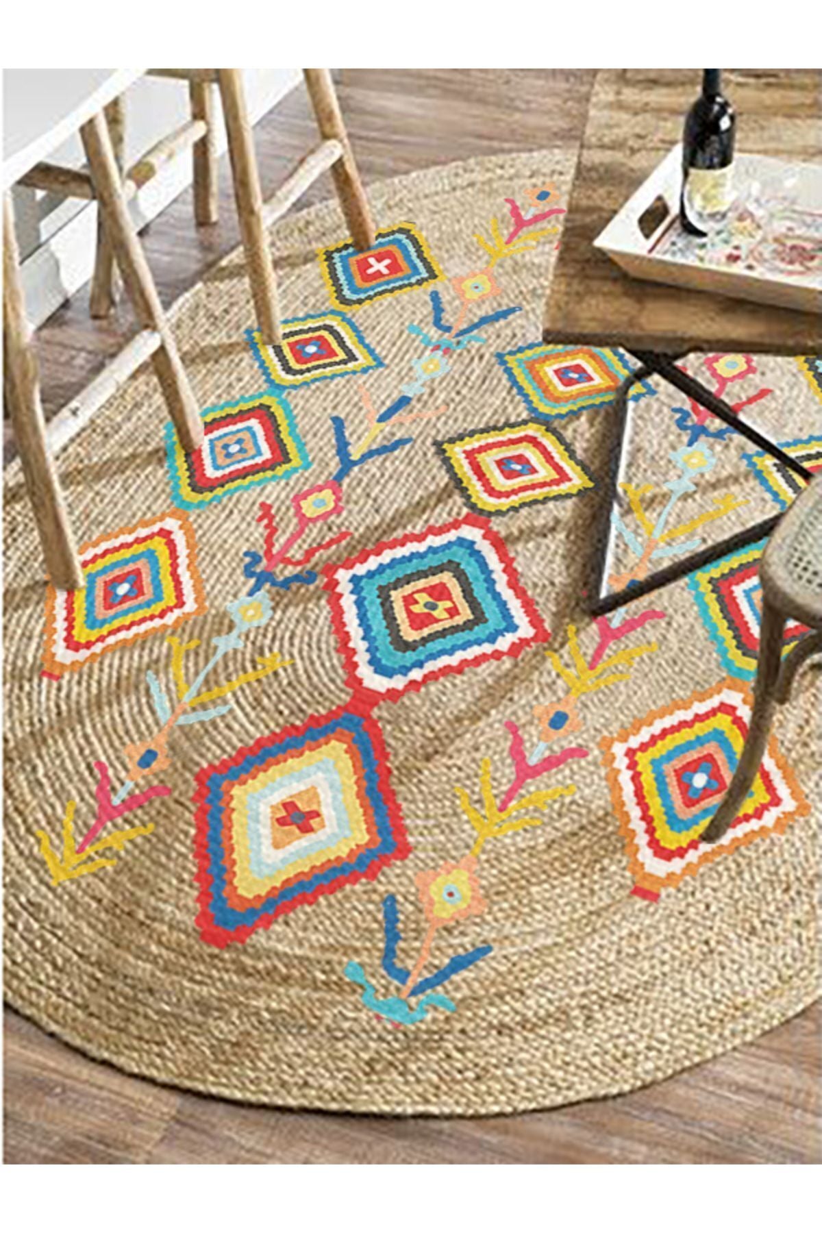 Boho 976 Jüt Hasır Etnik Desenli Oval Jüt Örme Doğal Hasır Natural Oval Halı