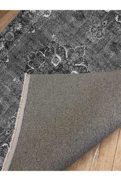 Halı Vagonu 2006 Gri Tonlarında Etnik Desen Kaymaz Taban Dekoratif Halı