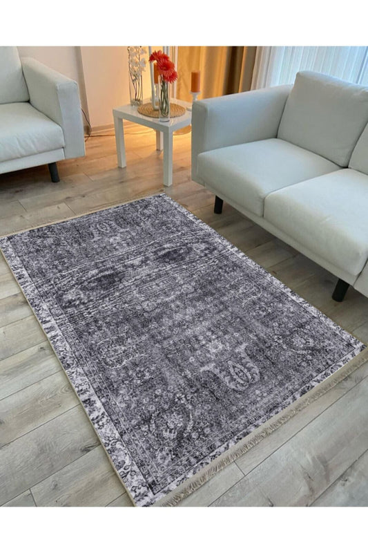 Halı Vagonu 2025 Gri Tonunda Bordürlü Klasik Desen Kaymaz Taban Dekoratif Halı