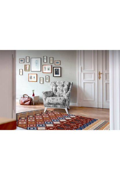 Cotton Serisi Multy Tonlarında Geometrik Antika Desenli Çift Taraflı Dekoratif Dokuma Taban Kilim