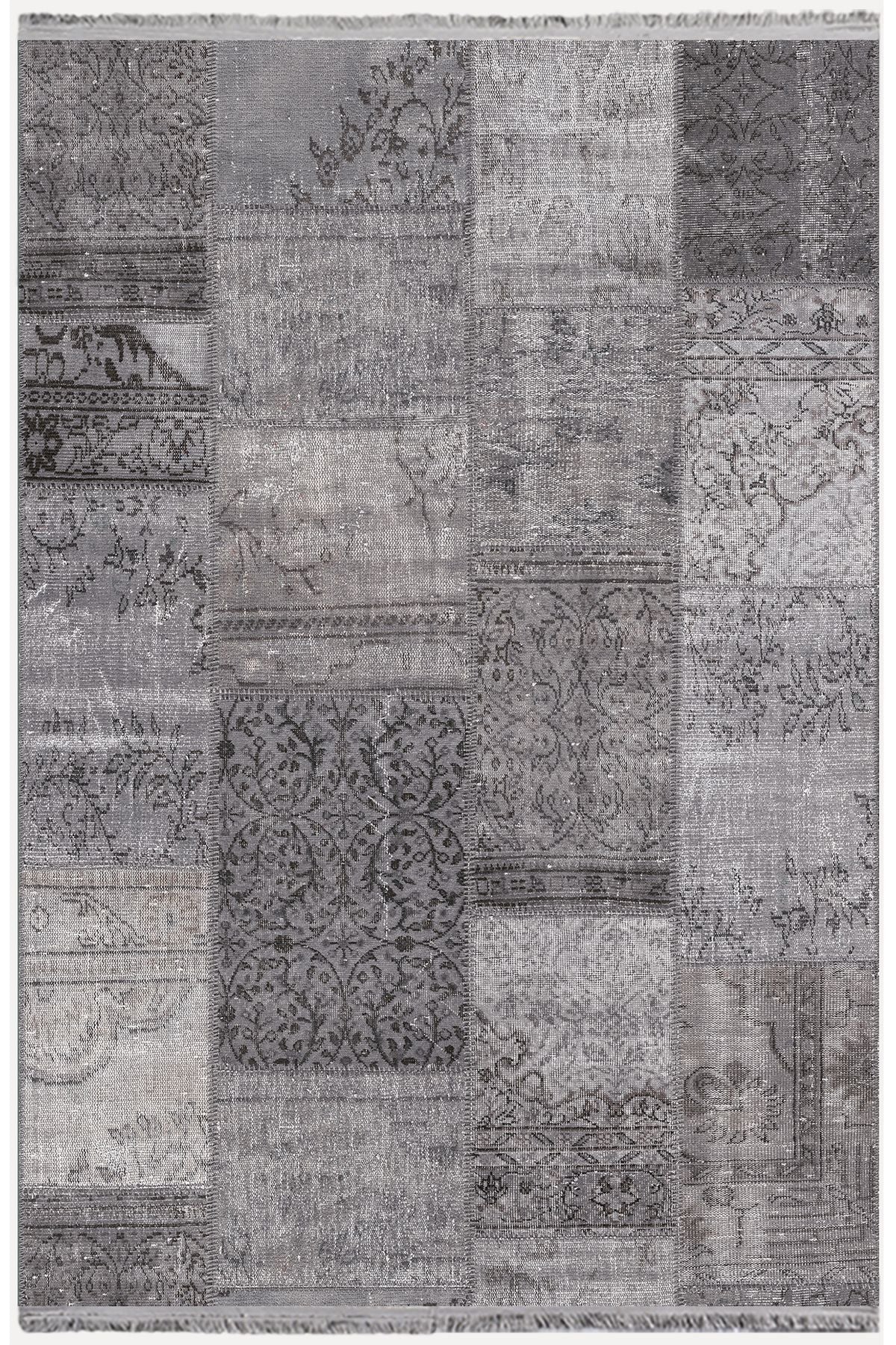 Halı Vagonu 2092 Gri Tonlarında Eskitme Patchwork Desen Kaymaz Taban Dekoratif Halı