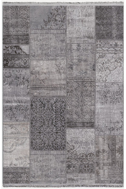 Halı Vagonu 2092 Gri Tonlarında Eskitme Patchwork Desen Kaymaz Taban Dekoratif Halı