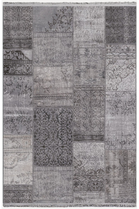 Halı Vagonu 2092 Gri Tonlarında Eskitme Patchwork Desen Kaymaz Taban Dekoratif Halı