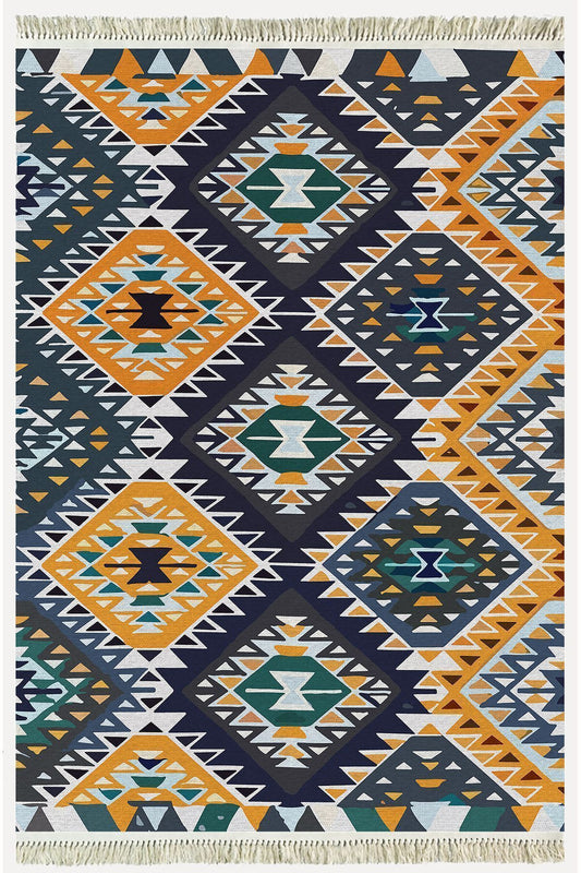 Cotton kilim Hardal Tonunda Geometrik Desenli Dekoratif Yıkanabilen Dokuma Taban Kilim