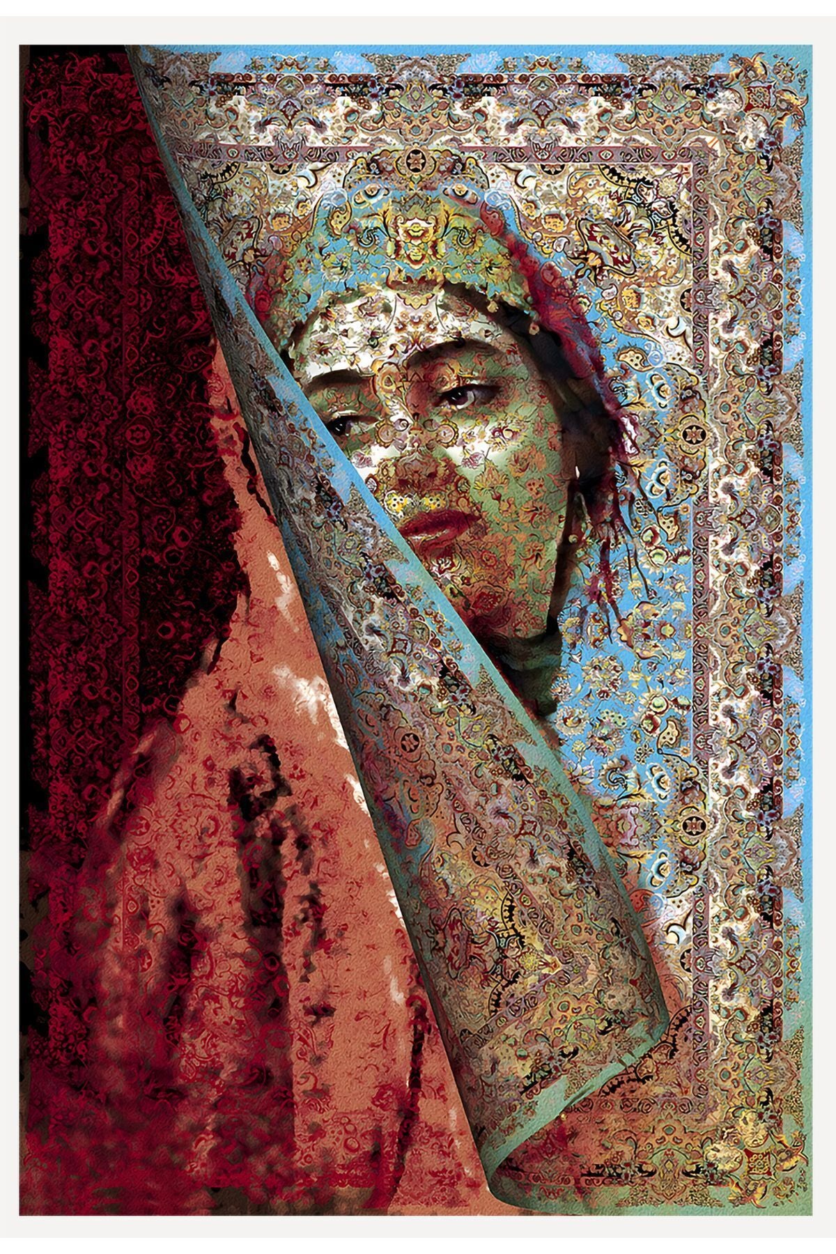 Halı Vagonu 150 Mavi Ve Bordo Tonlarda Kadın Silüeti Etnik Desenli Vintage Dokuma Taban Halı