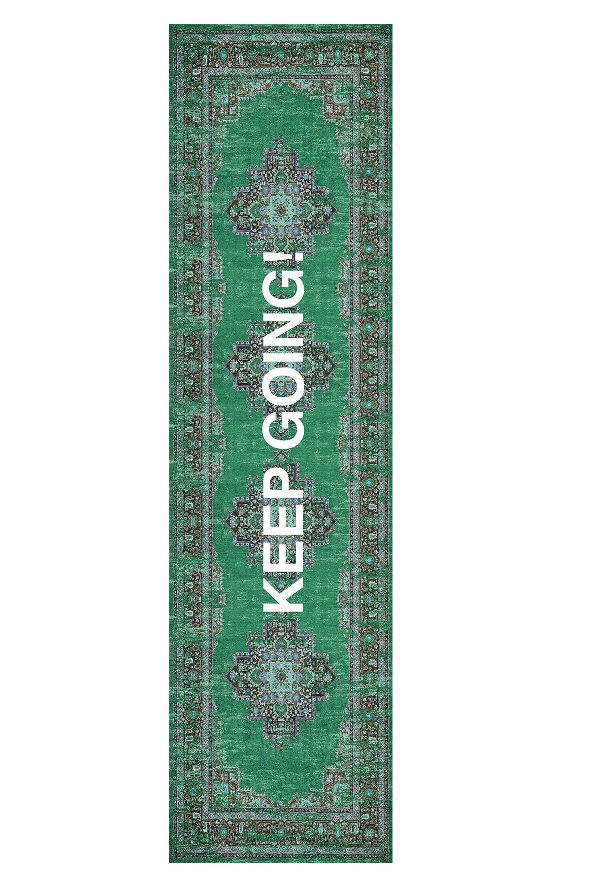 Halı Vagonu 185 Keep Going Yazılı Yeşil Etnik Vintage Dokuma Taban Halı