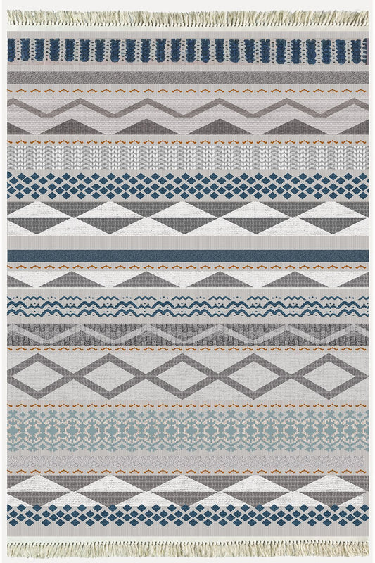 Cotton Serisi Hasır Görünümlü Gri Tonlarında Eskitme Etnik Desen Dekoratif Dokuma Taban Kilim