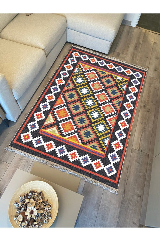 Cotton Kilim 42 Lacivert Zeminli Geneleksel Motifler Modern Dekoratif Yıkanabilen Dokuma Kilim