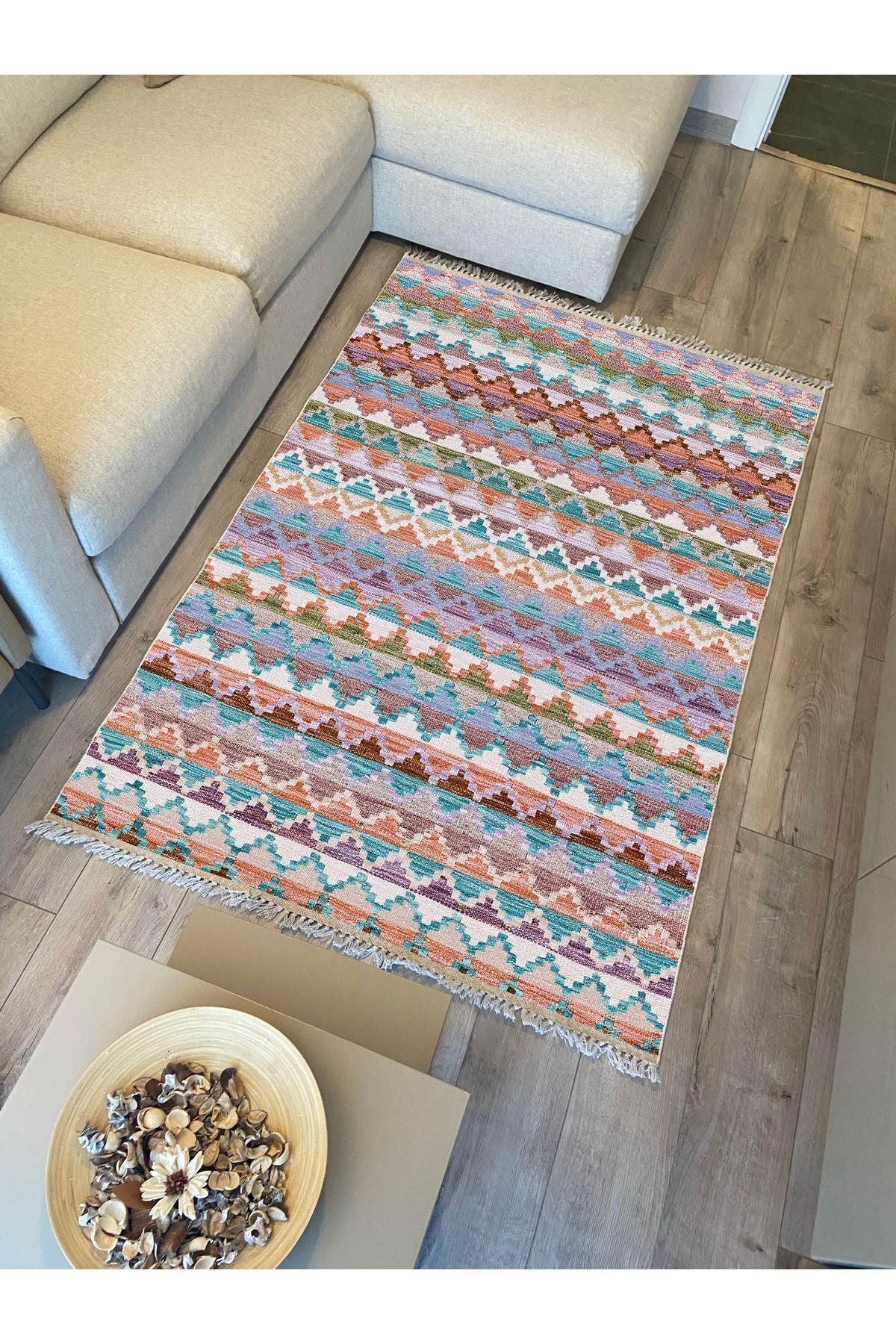 Cotton Kilim 51 Gri Zeminli Geleneksel Motifler Modern Dekoratif Saçaklı Yıkanabilen Dokuma Kilim