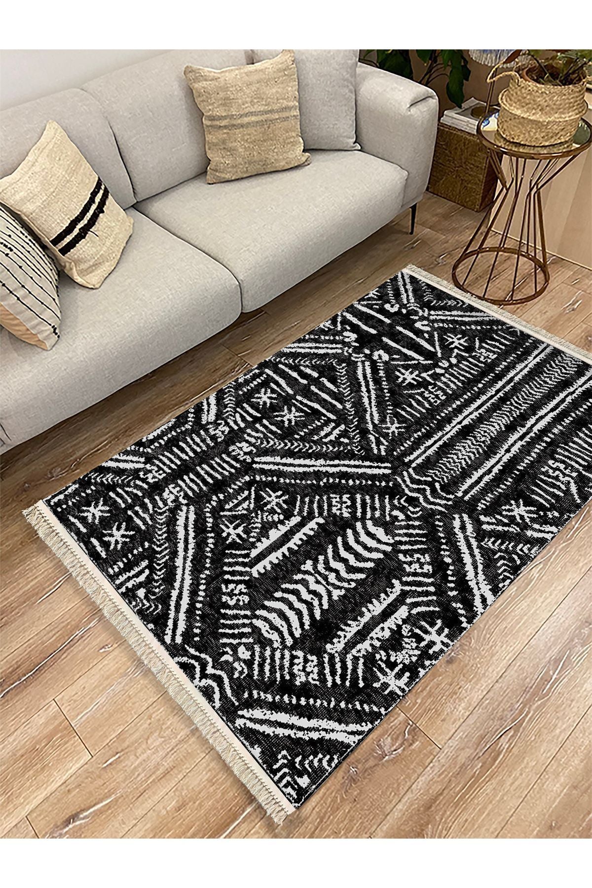 Cotton Kilim46 Siyah Zeminli Geneleksel Motifler Modern Dekoratif Yıkanabilen Dokuma Kilim