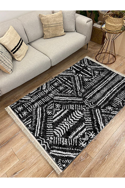 Cotton Kilim46 Siyah Zeminli Geneleksel Motifler Modern Dekoratif Yıkanabilen Dokuma Kilim