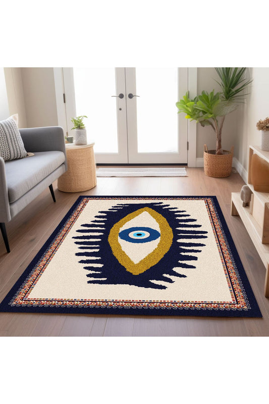 Göz Temalı Mavi Pastel Tonlarında Nazar Boncuğu Dokuma Taban Salon Halısı Çocuk Halısı  HV  252