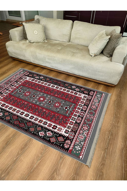 Halı Vagonu Serisi Antik Kırmızı Ve Siyah Tonlarında Otantik Desen Kaymaz Taban Şönil Halı