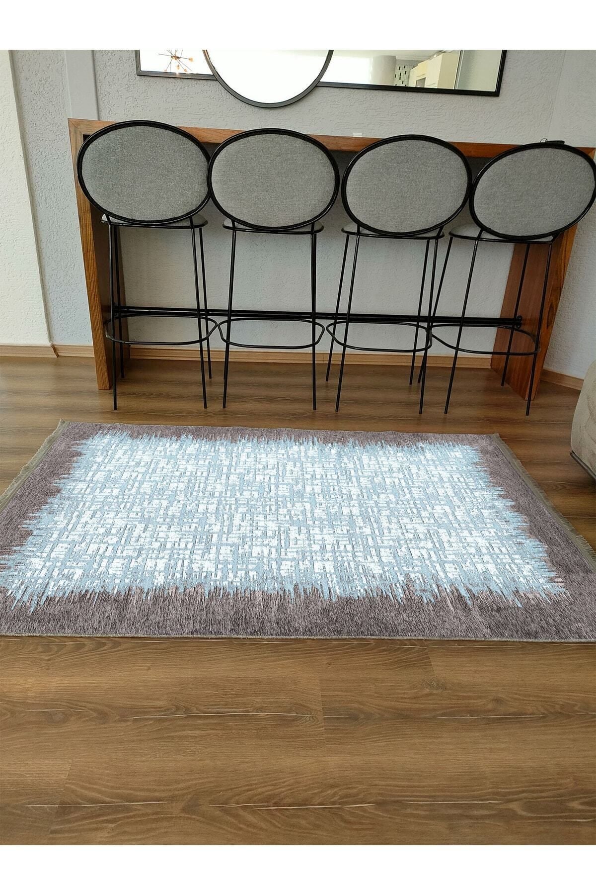 Halı Vagonu Serisi Mavi Tonlarında Çerçeveli Etnik Desen Kaymaz Taban Şönil Halı