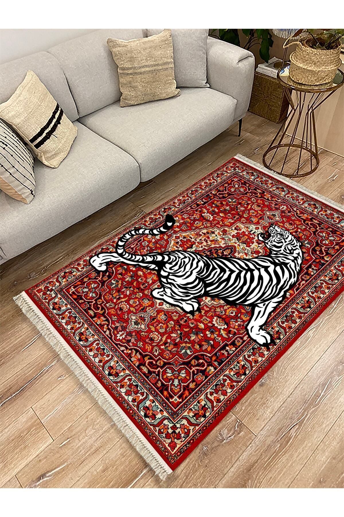 Halı Vagonu Serisi Kırmızı Tonlarında Kaplanlı Etnik Desen Kaymaz Taban Şönil Halı