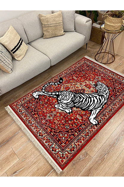 Halı Vagonu Serisi Kırmızı Tonlarında Kaplanlı Etnik Desen Kaymaz Taban Şönil Halı