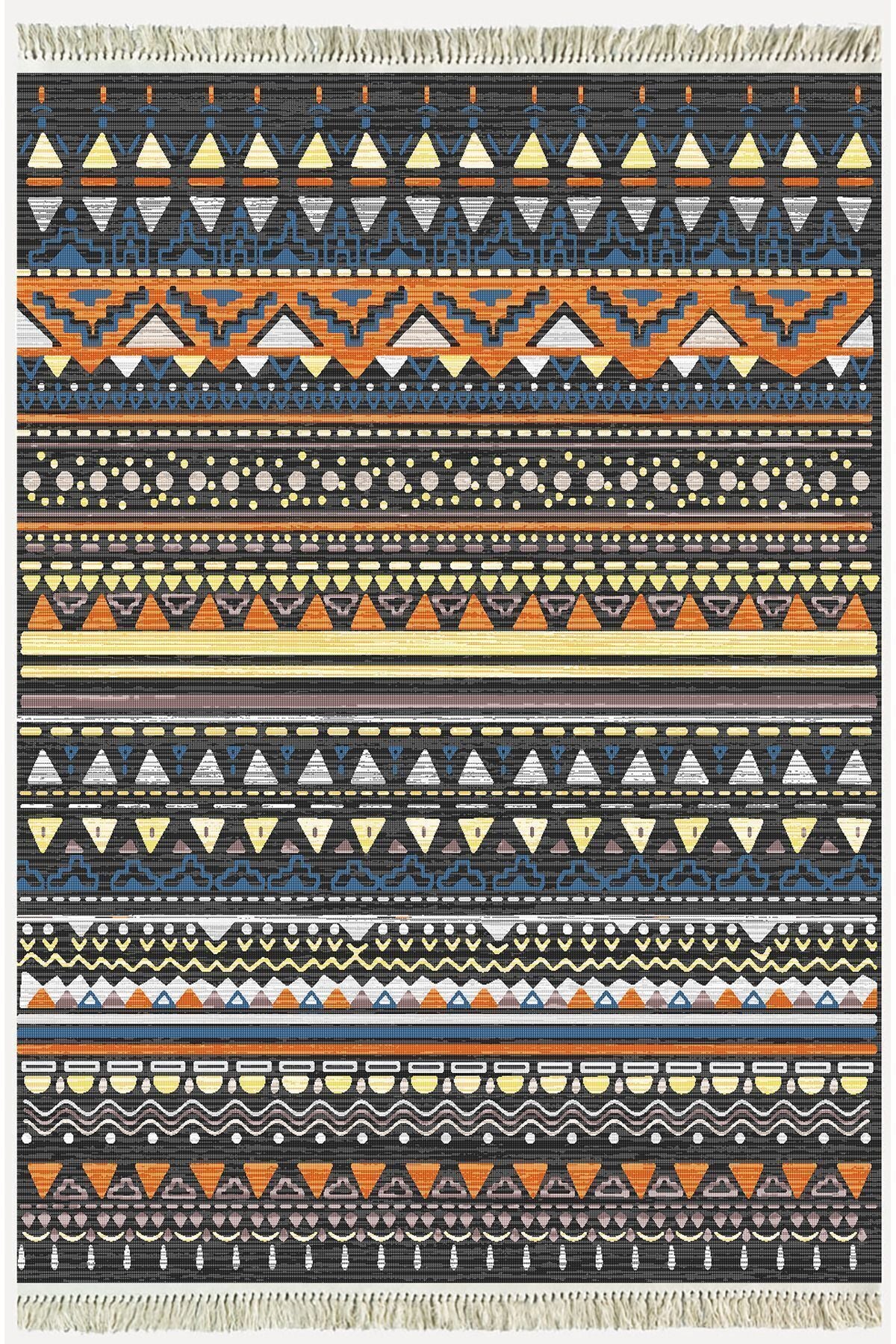 Cotton Kilim 24 Çok Renkli Geleneksel Motif Çizgili Desenli Dekoratif Yıkanabilen Dokuma Taban Kilim
