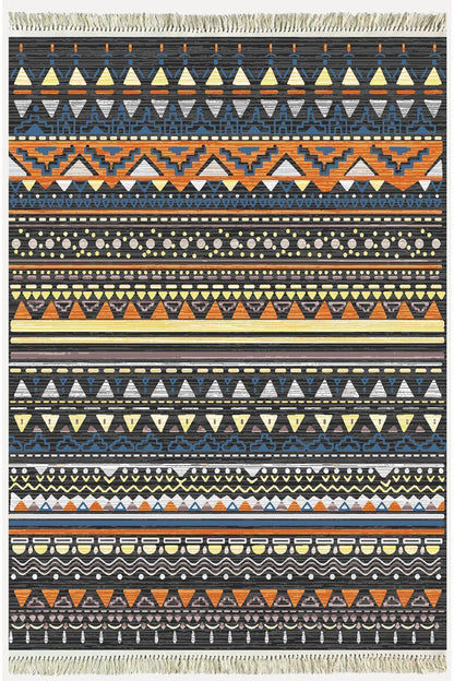 Cotton Kilim 24 Çok Renkli Geleneksel Motif Çizgili Desenli Dekoratif Yıkanabilen Dokuma Taban Kilim