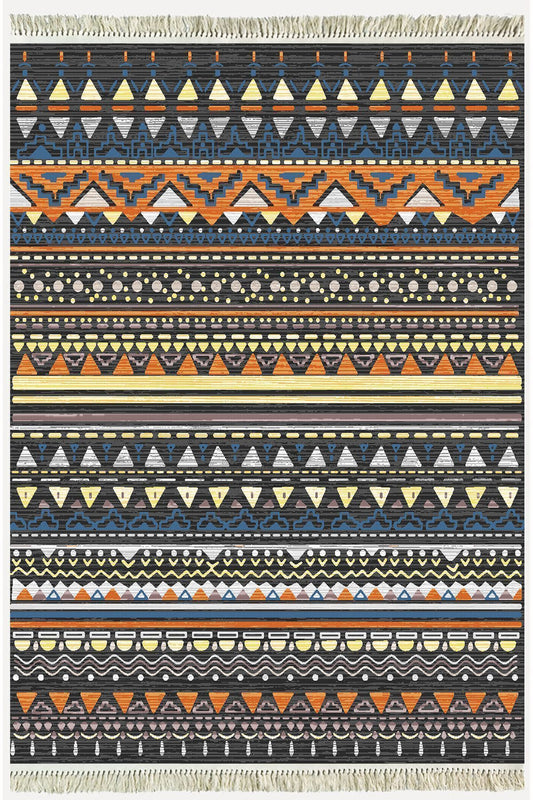 Cotton Kilim 24 Çok Renkli Geleneksel Motif Çizgili Desenli Dekoratif Yıkanabilen Dokuma Taban Kilim