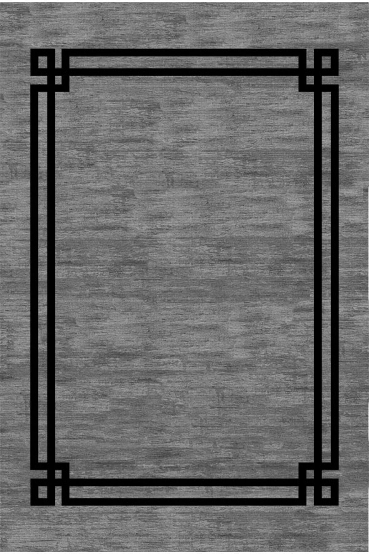 Halı Vagonu 2064 Siyah Çerçeve Desenli Yıkanabilir Kaymaz Salon Halısı, Koridor Ve Mutfak Halısı