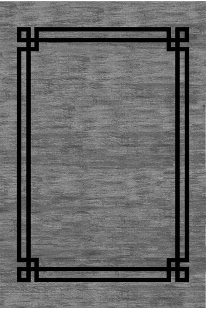 Halı Vagonu 2064 Siyah Çerçeve Desenli Yıkanabilir Kaymaz Salon Halısı, Koridor Ve Mutfak Halısı