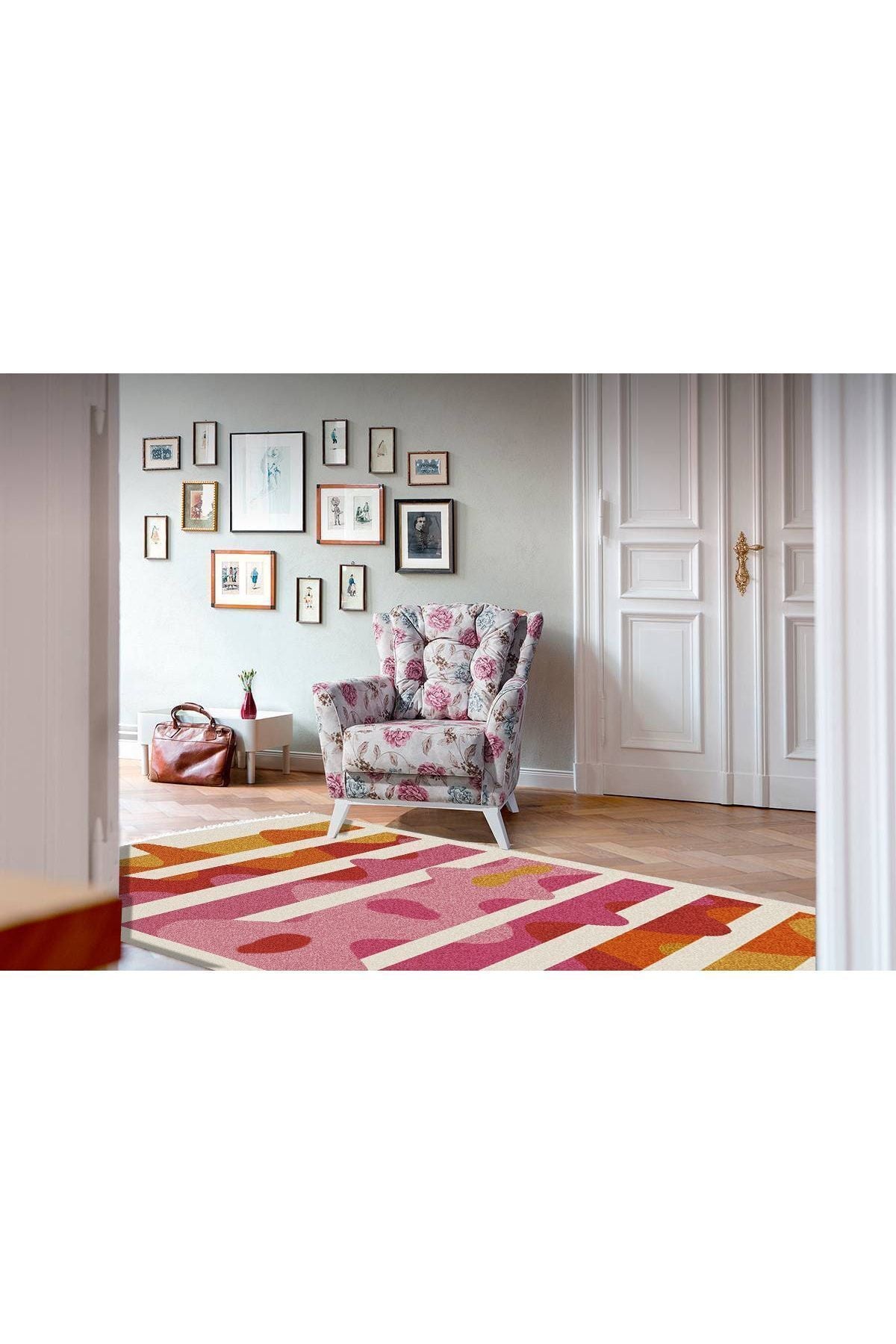 Cotton Serisi Pembe Tonlarında Dalgalı Modern Desen Dekoratif Dokuma Taban Kilim