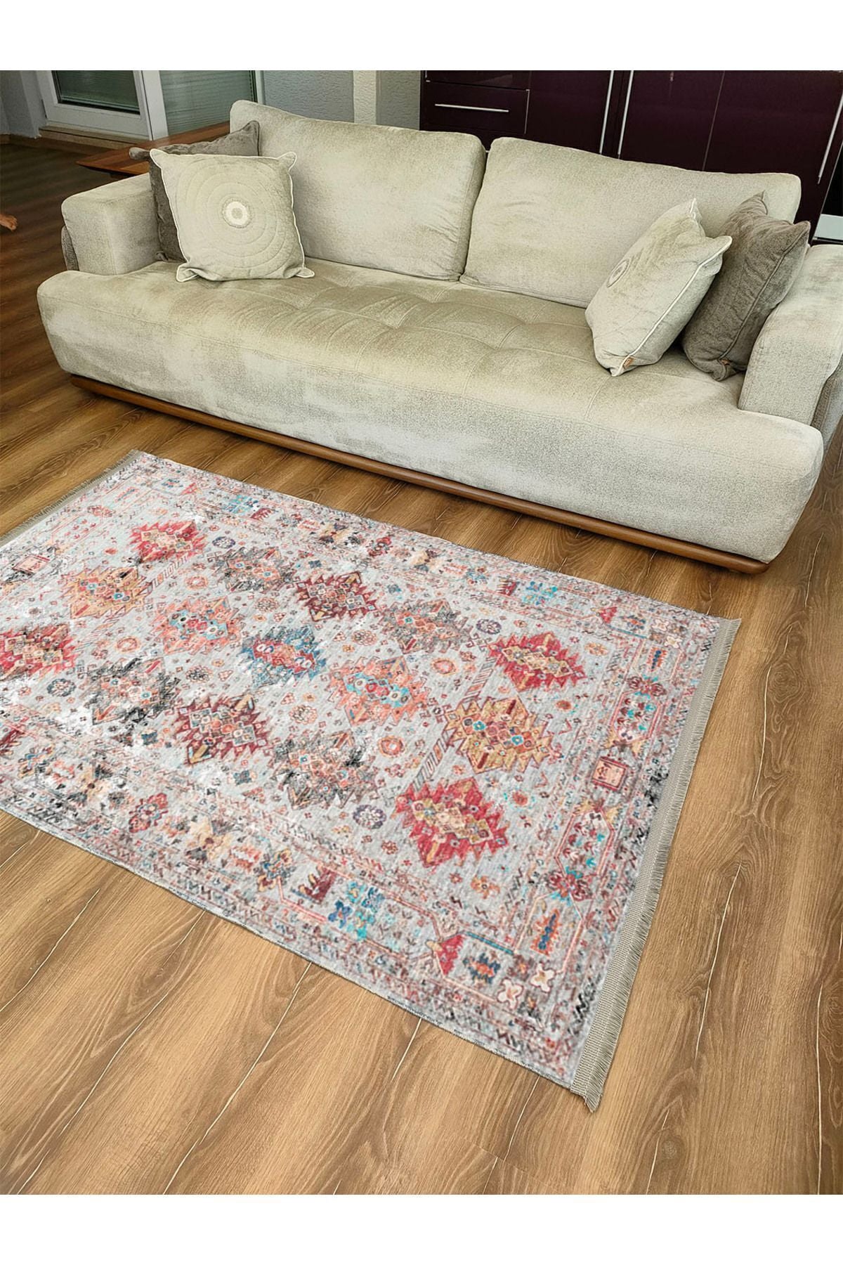 HV  2164 Renkli Desenli Yıkanabilir Kaymaz Tabanlı Salon Halısı, Koridor Ve Mutfak Halısı Kilim