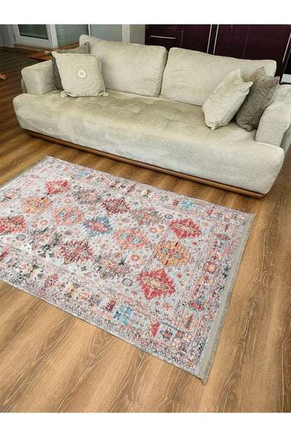 HV  2164 Renkli Desenli Yıkanabilir Kaymaz Tabanlı Salon Halısı, Koridor Ve Mutfak Halısı Kilim