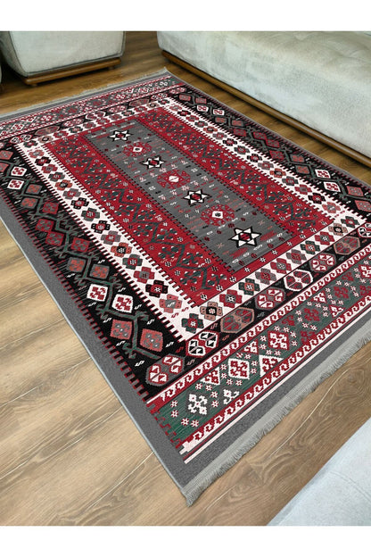 Halı Vagonu Serisi Antik Kırmızı Ve Siyah Tonlarında Otantik Desen Kaymaz Taban Şönil Halı