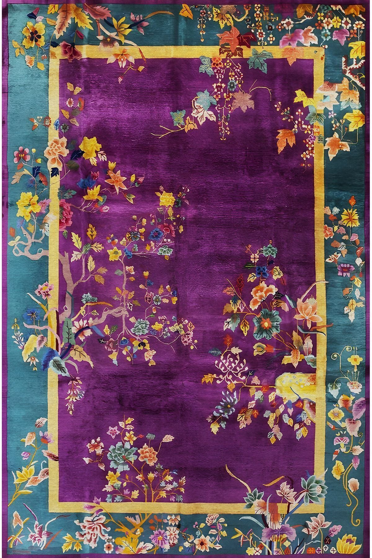 Halı Vagonu 78 Mor Tonlarında Bordürlü Çiçek Temalı Dekoratif Salon Halısı Saçaklı Yıkanabilen Halı