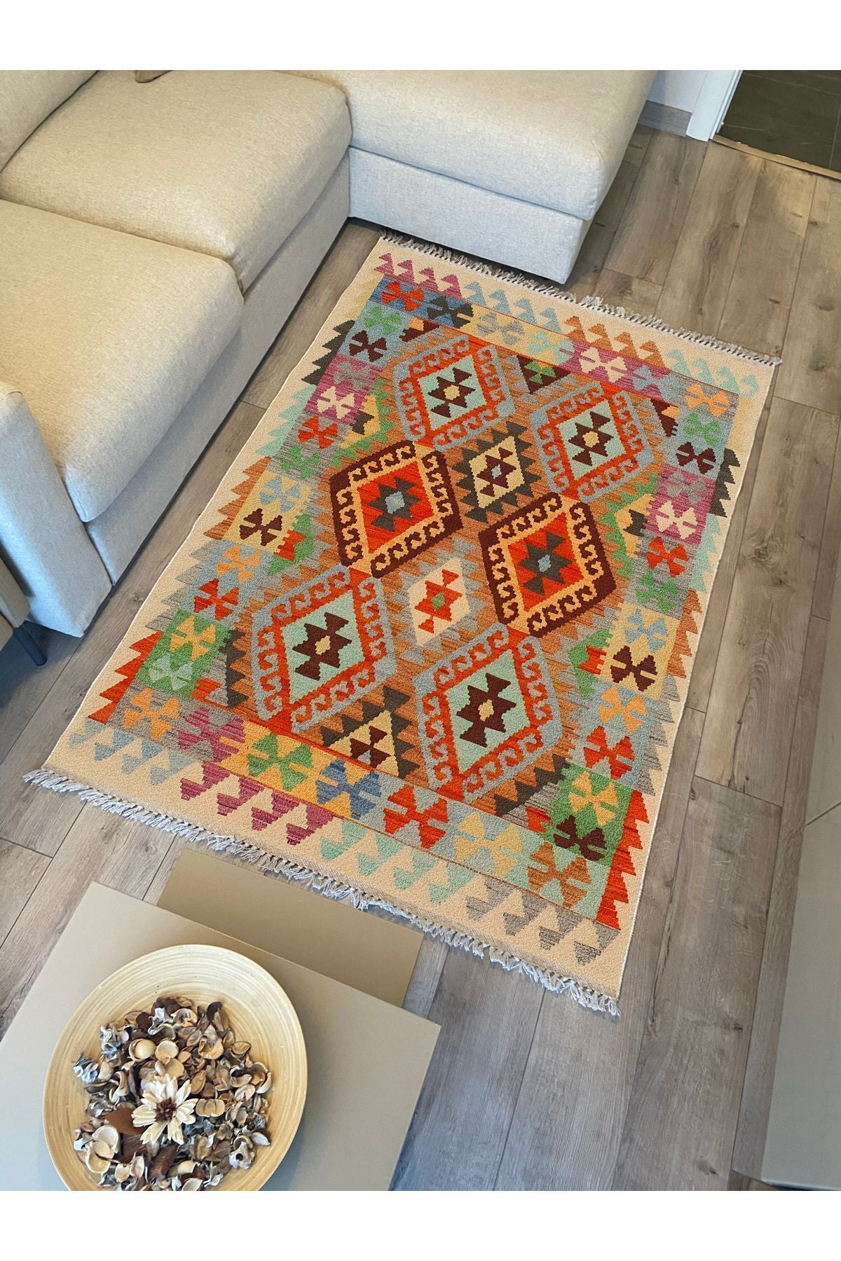 Cotton 84 Çok Renkli Etnik Boho Stil Pamuk Kilim