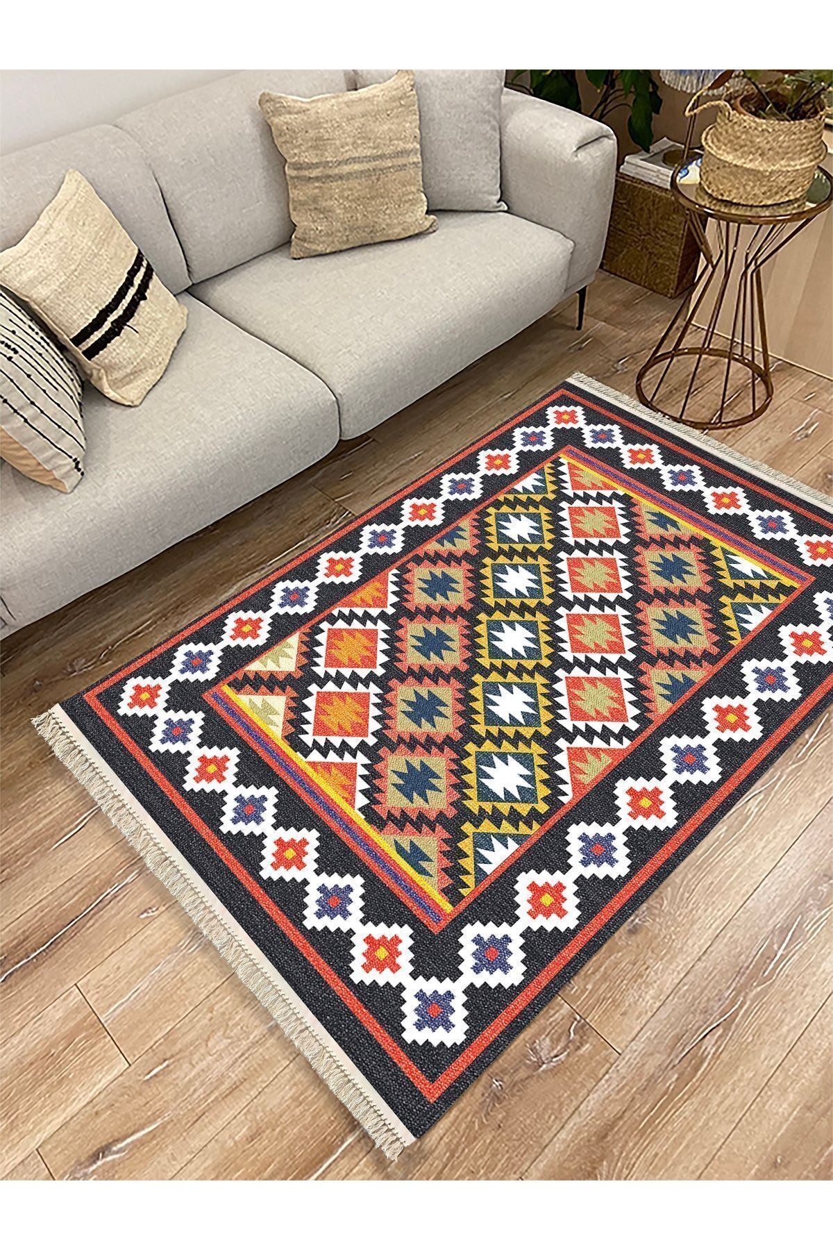 Cotton Kilim 42 Lacivert Zeminli Geneleksel Motifler Modern Dekoratif Yıkanabilen Dokuma Kilim