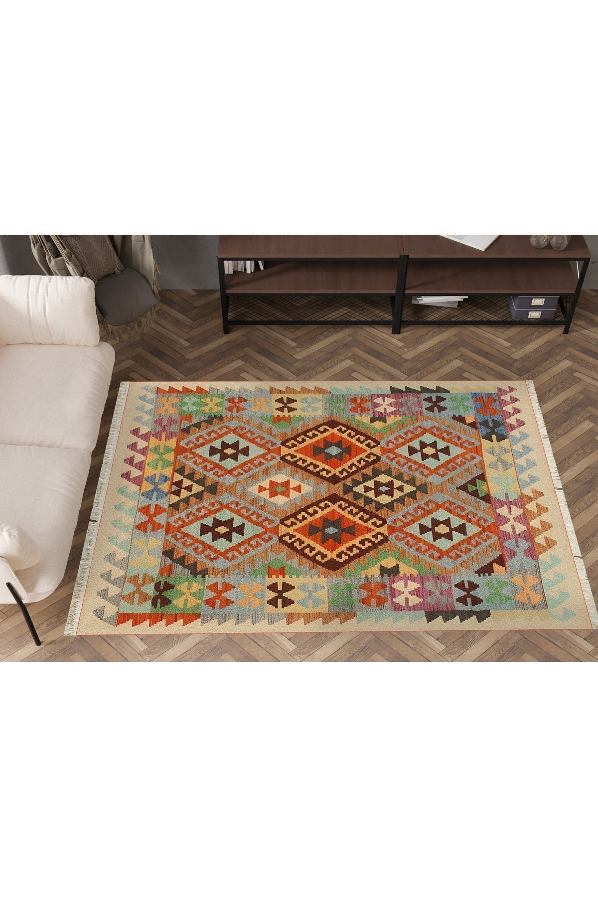 Cotton 84 Çok Renkli Etnik Boho Stil Pamuk Kilim