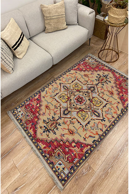 Halı Vagonu 2186 Etnik Desenli Yıkanabilir Kaymaz Tabanlı Salon Halısı, Koridor Ve Mutfak Halısı