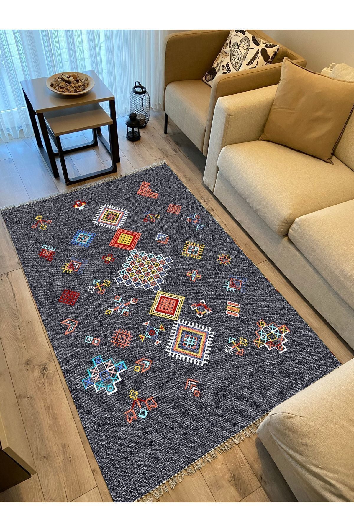 Cotton Kilim 54 Füme Zemin Geleneksel Motifler Modern Dekoratif Saçaklı Yıkanabilen Dokuma Kilim