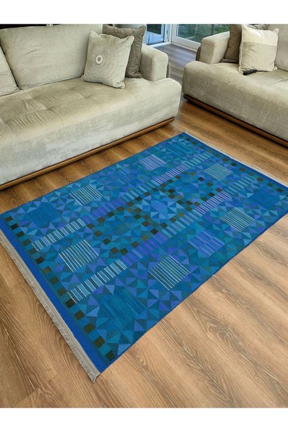 Halı Vagonu121 Etnik Otantik Mavi Tonlartında Dekoratif Salon Halısı Saçaklı Yıkanabilen Halı