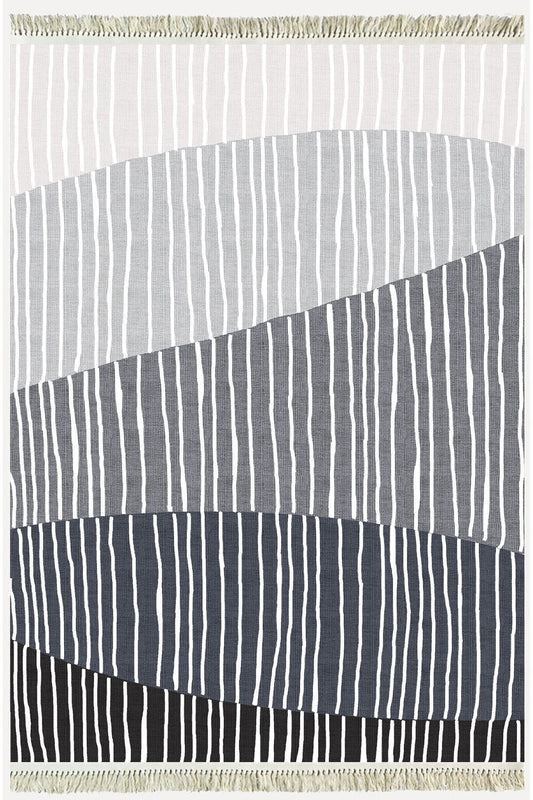 Cotton Kilim 47 Gri Zeminli Geneleksel Motifler Modern Dekoratif Yıkanabilen Dokuma Kilim