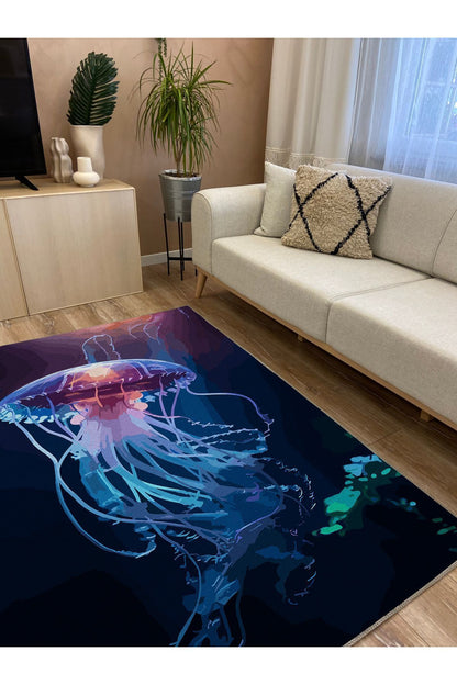 Halı Vagonu 43 Modern Stil Lacivert Deniz Anası Salon Halısı Yıkanabilen Dekoratif Halı