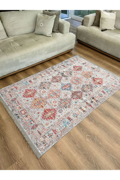 Mars 2164 Krem Tonlarında Eskitme Desen Kaymaz Taban Dekoratif Halı