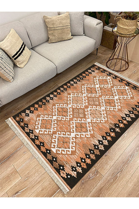 Cotton Serisi Kahve Tonlarında Bordürlü Baklava Eskitme Desen Dekoratif Dokuma Taban Kilim