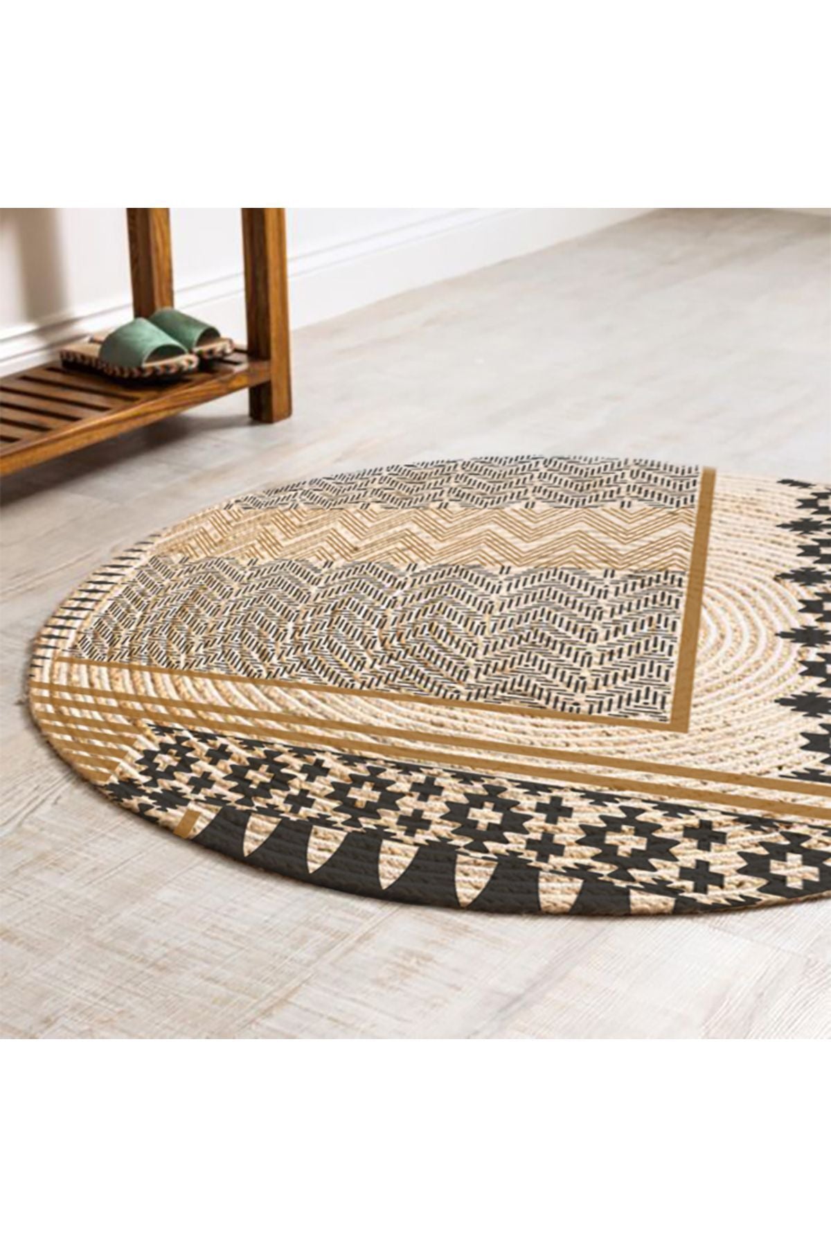 Boho 947 Geometrik Ve Etnik Baskılı Örgü Yuvarlak Natural Çift Taraflı Halı