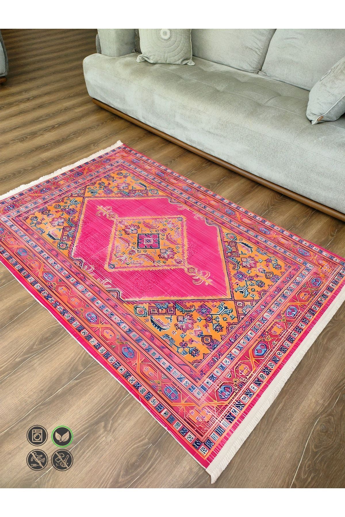 Halı Vagonu 75 Fuşya Tonlarında Klasik Dekoratif Halı Saçaklı Yıkanabilen Halı